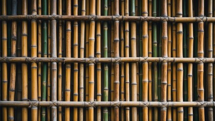 Wall Mural - bamboo wall texture with woven wooden rods and varying shades of brown and green in a grid pattern