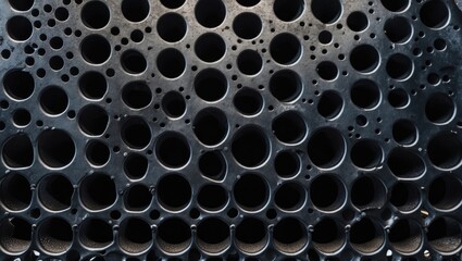 Wall Mural - black textured surface with a pattern of various sized circular holes creating a visually striking a