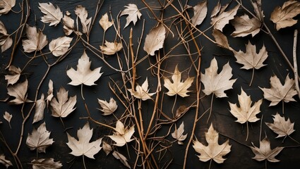 Wall Mural - dried autumn leaves and twigs arranged on a dark background creating a natural flat lay composition