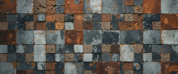 Canvas Print - textured patterned wall with a mix of brown and gray tiles showing weathered surfaces and varying sh