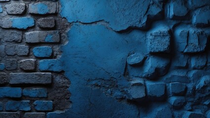 Canvas Print - textured blue wall with weathered bricks and peeling paint in urban environment