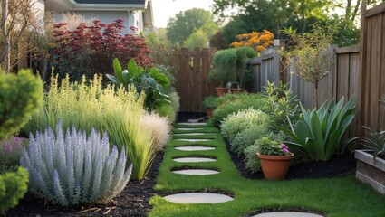 Poster - Lush garden pathway with stone stepping stones surrounded by vibrant flowers and greenery in a residential backyard setting