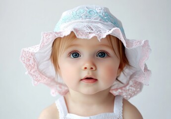 Wall Mural - Portrait of a cute baby girl wearing a pink and white lace sun hat