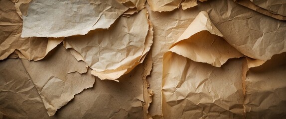 Wall Mural - textured background of crumpled and wrinkled brown paper sheets layered together with varying sizes 