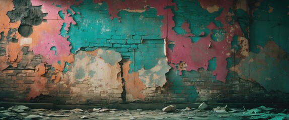 Canvas Print - colorful peeling paint on a brick wall in an abandoned building with debris on the floor and a gritt