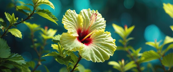 Wall Mural - hibiscus flower with yellow petals and red center surrounded by green leaves and blurred background 