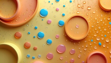 Wall Mural - colorful abstract background with water droplets and circular shapes in orange, blue, and pink tones