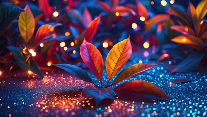 Wall Mural - colorful leaves with bokeh background in vibrant hues of red, orange, green and blue with sparkling 