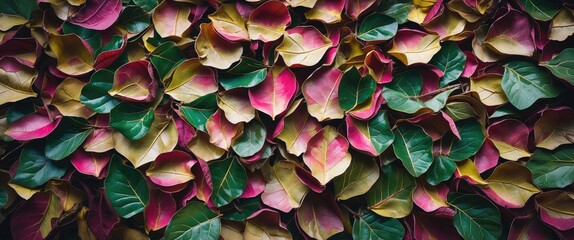 Poster - Colorful foliage background with a mix of green, pink, and gold leaves layered densely on a flat surface