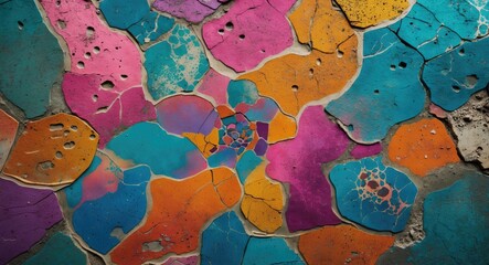 Canvas Print - colorful abstract pattern of cracked paint on a textured surface in vibrant shades of blue, pink, or