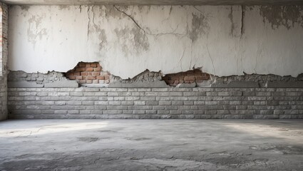 Canvas Print - interior wall with cracked plaster exposing brick structure and concrete floor in abandoned building
