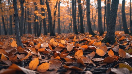 Wall Mural - Autumn forest floor covered with orange and brown fallen leaves under tall trees in a tranquil woodland setting