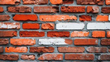 Canvas Print - textured red and white brick wall with varying shades of orange and gray mortar in a close-up view