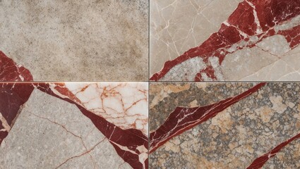 Wall Mural - Variety of marble stone textures in four quadrants featuring red veins and neutral backgrounds suitable for interior design and architecture.