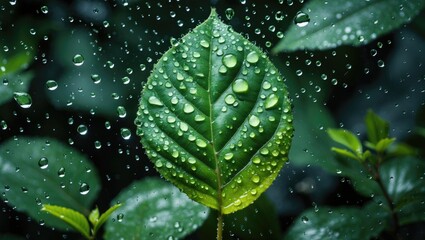 Wall Mural - fresh green leaf with water droplets on surface surrounded by blurred green foliage background