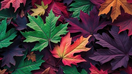 Wall Mural - Colorful autumn leaves textured background with various shapes and sizes in shades of red green and purple