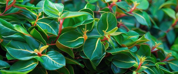 Wall Mural - Vibrant green foliage with glossy leaves and yellow veins creating a lush textured background for botanical themes