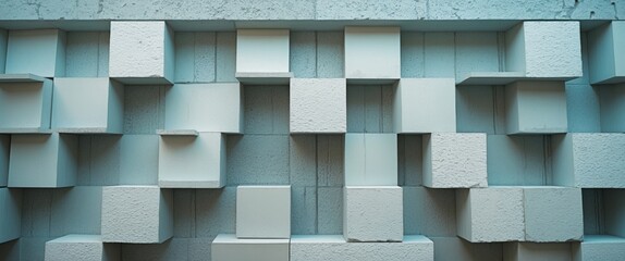 Wall Mural - Textured wall with white cubes arranged in an abstract pattern against a light blue background in a modern interior design setting