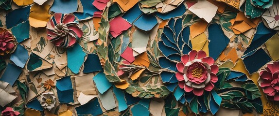 Wall Mural - colorful paper collage with floral motifs and geometric patterns in detailed texture and vibrant hue