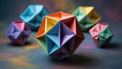 Wall Mural - colorful paper origami geometric shapes displayed on a textured background with soft lighting, showc