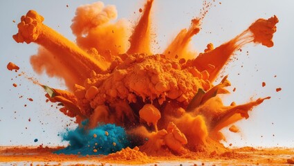 Wall Mural - orange colored powder explosion with blue accents creating a dynamic and vibrant visual effect again
