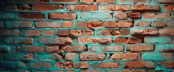 Canvas Print - textured brick wall with turquoise paint highlights on red clay bricks in natural lighting