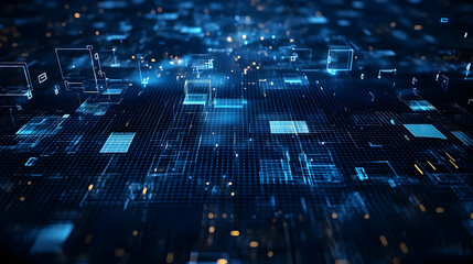 Abstract digital network technology background with blue and yellow glowing details