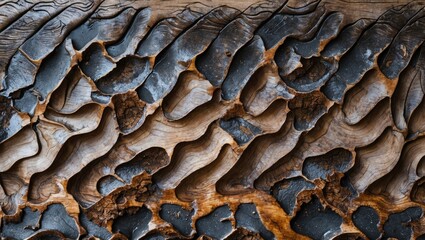 Wall Mural - detailed close-up of textured wood surface with wavy patterns and contrasting dark and light areas d