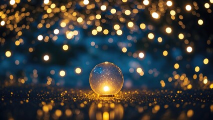 Wall Mural - glass orb with glowing light on reflective surface surrounded by soft bokeh lights on a dark blurred