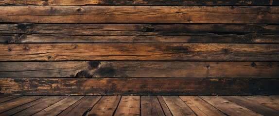 Wall Mural - Wooden wall and floor texture with dark brown hues and visible grain pattern in a rustic style background.