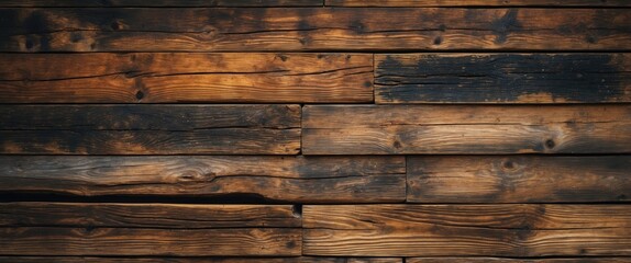 Wall Mural - Dark weathered wooden planks arranged in a horizontal pattern with natural grain and texture variations