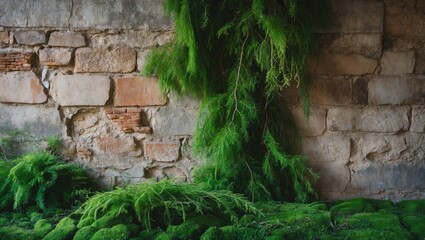 Wall Mural - green moss and foliage growing against a weathered stone wall with exposed bricks and textured surfa