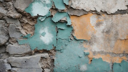 Canvas Print - peeling paint on textured wall with blue, orange and grey colors showcasing layers and weathered con
