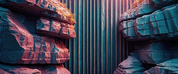 Wall Mural - abstract landscape with colorful rock formations and vertical lines in the background, illuminated b