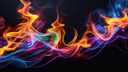 Wall Mural - Colorful abstract smoke design on dark background with flowing waves of vibrant orange, blue, pink and purple hues