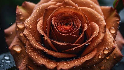 Wall Mural - close-up of a dew-covered brown rose with vibrant petals and droplets reflecting light in a dark bac
