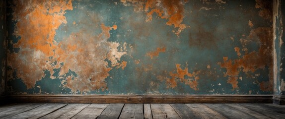 Canvas Print - distressed grunge wall with peeling paint in shades of blue and orange, wooden floor in an abandoned