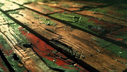 Wall Mural - close-up of weathered wooden planks with peeling paint and water droplets reflecting light in a rust