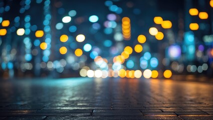 Poster - urban night scene with blurred bokeh lights and wet pavement creating an atmospheric effect in a cit