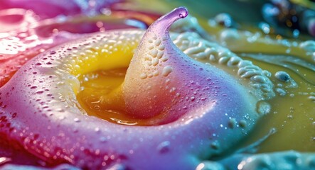 Canvas Print - colorful abstract close-up of liquid with bubbles and drop forming in vibrant tones.