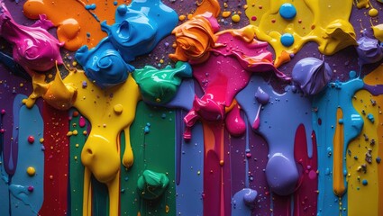 Canvas Print - abstract multicolored paint drips and splatters on a canvas background in vibrant hues of blue, yell