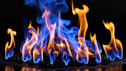 Wall Mural - blue and orange flames rising from burning material with dark background and glowing embers in focus