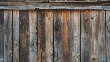 Wall Mural - Weathered wooden planks forming a rustic and textured wall background with variations in color and grain.