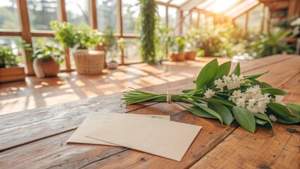 Sticker - Rustic Wooden Table With Fresh Flowers and a Letter in Sunlight. Generative AI