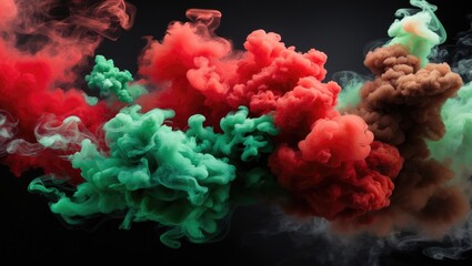 Wall Mural - colorful smoke clouds in red green and brown with swirling patterns on a dark background.