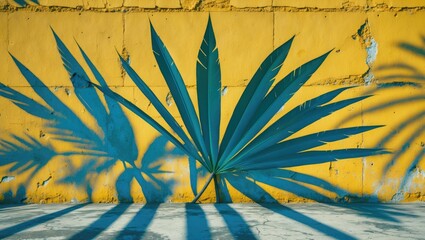 Wall Mural - tropical plant leaves casting shadows on a textured yellow wall creating a vibrant and dynamic visua