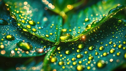 Wall Mural - close-up view of green leaves with water droplets reflecting light on a blurred background in natura