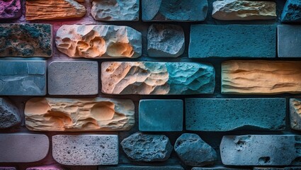 Wall Mural - colored textured stone wall background with various shapes and patterns illuminated by ambient light