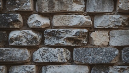 Wall Mural - Textured stone wall with various shapes and colors of stones in a natural arrangement uniform pattern for background or architectural design.