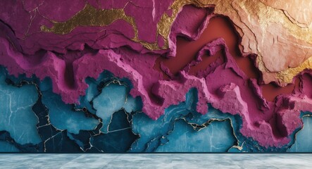 Wall Mural - textured abstract wall design with pink, blue, and gold elements in modern interior space.